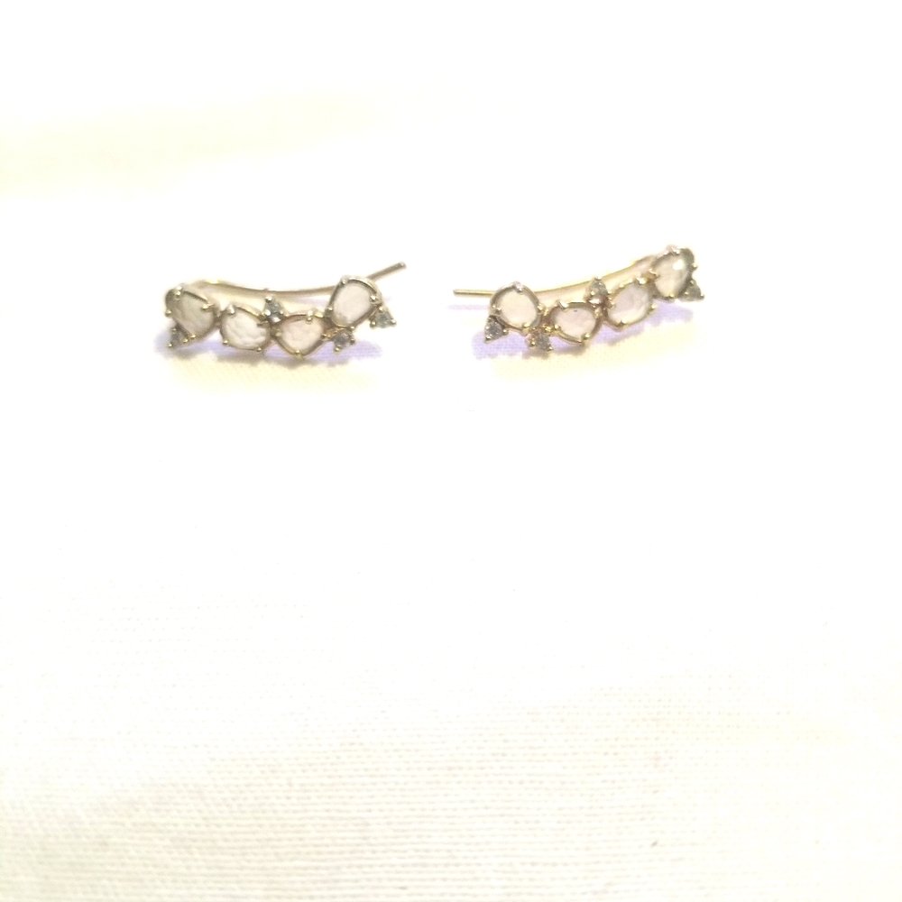 Pair of gold, pink stone crawler earrings